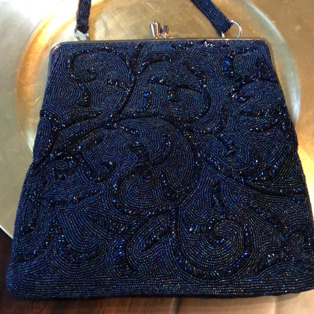 💙 Exquisite Beaded, gold shoulder & clasp Evening bag + mirror in satin pouch